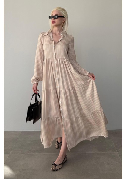 Bej Çizgili Düğmeli Uzun Elbise MG2392 modelleri