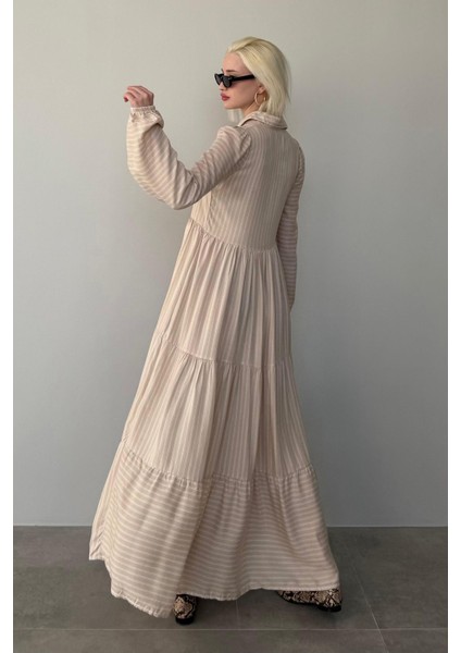 Bej Çizgili Düğmeli Uzun Elbise MG2392 fırsatları