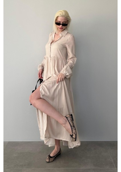 Bej Çizgili Düğmeli Uzun Elbise MG2392 indirimleri