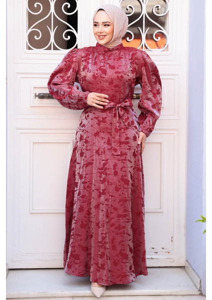 Desenli Bordo Tesettür Saten Elbise 52921BR