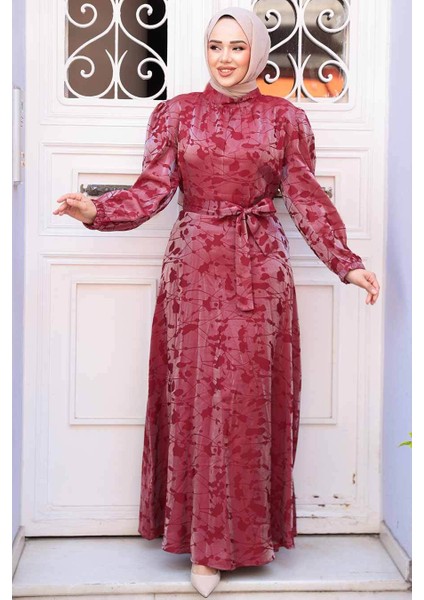 Desenli Bordo Tesettür Saten Elbise 52921BR fiyatları
