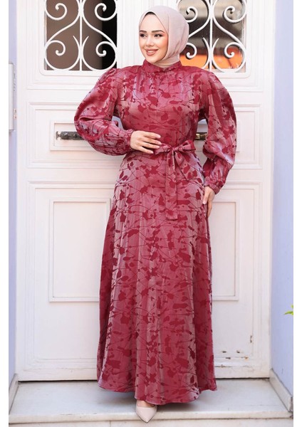 Desenli Bordo Tesettür Saten Elbise 52921BR modelleri