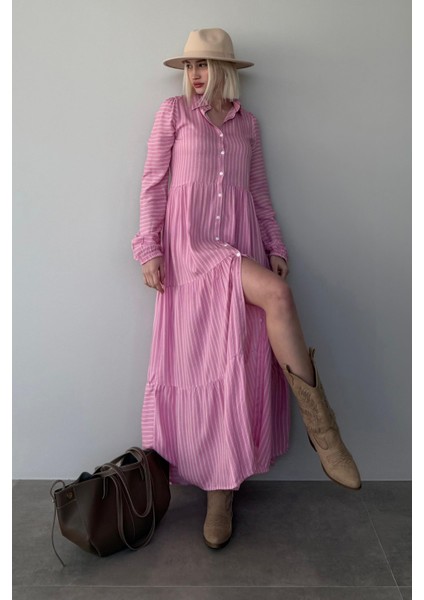 Pembe Çizgili Düğmeli Uzun Elbise MG2392