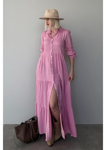 Pembe Çizgili Düğmeli Uzun Elbise MG2392 fiyatları