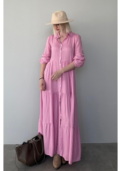 Pembe Çizgili Düğmeli Uzun Elbise MG2392 modelleri