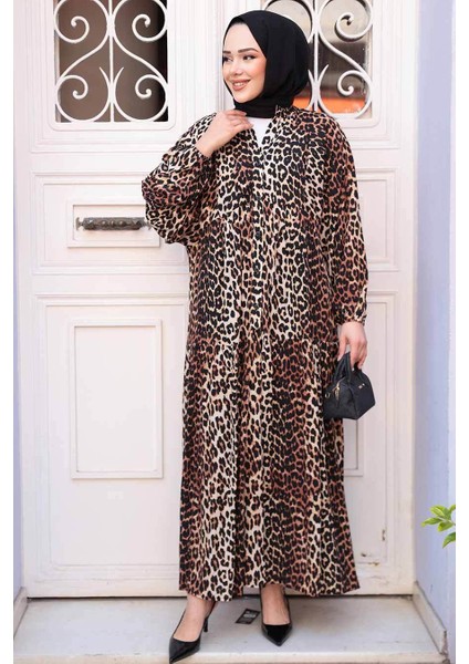 Leopar Desenli Tesettür Elbise 52942LP