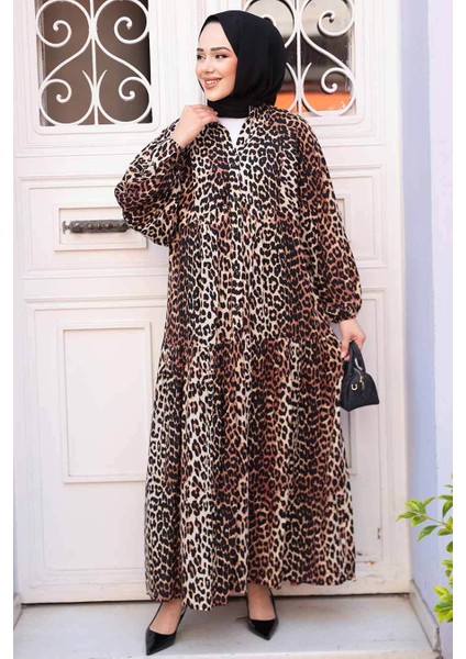 Leopar Desenli Tesettür Elbise 52942LP fiyatları