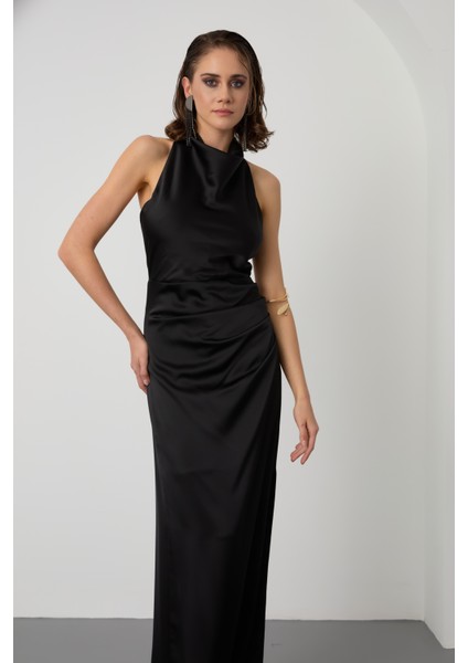Kadın Siyah Sırt Dekolteli Uzun Saten Abiye Elbise fiyatları