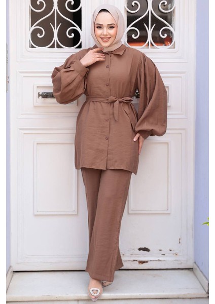 Düğmeli Camel Modal Kumaş Tesettür Ikili Takım 30264C