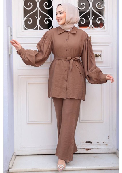Düğmeli Camel Modal Kumaş Tesettür Ikili Takım 30264C fiyatları