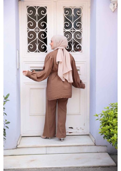 Düğmeli Camel Modal Kumaş Tesettür Ikili Takım 30264C modelleri