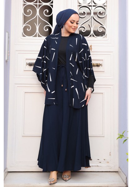 Desenli Lacivert Tesettür Ikili Kimono Takım 12892L modelleri