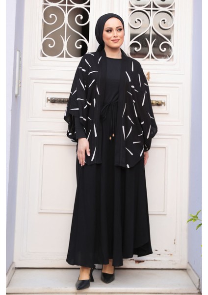 Desenli Siyah Tesettür Ikili Kimono Takım 12892S