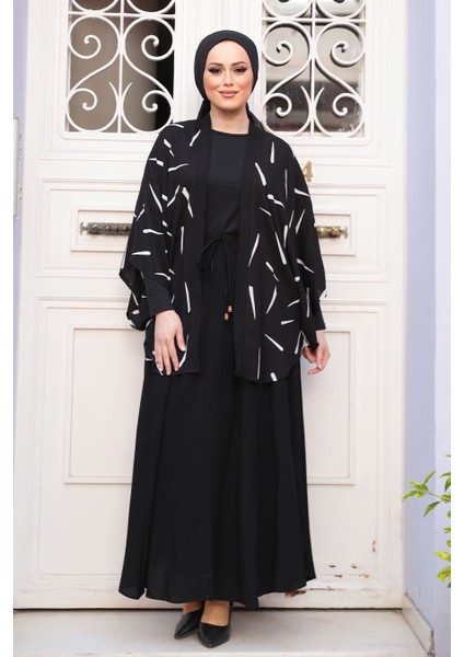 Desenli Siyah Tesettür Ikili Kimono Takım 12892S