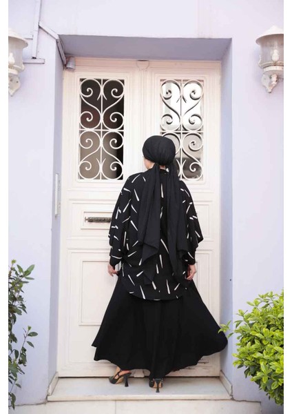 Desenli Siyah Tesettür Ikili Kimono Takım 12892S