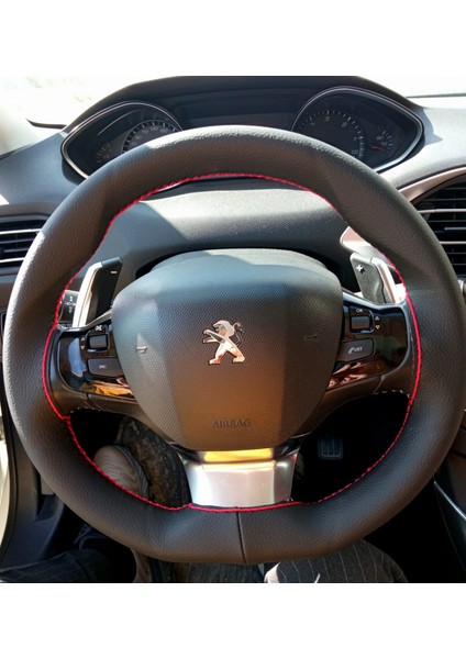 Dikişli Direksiyon Kılıfı Siyah Deri Kırmızı Dikişli Peugeot 208 Küçük Direksiyon Için