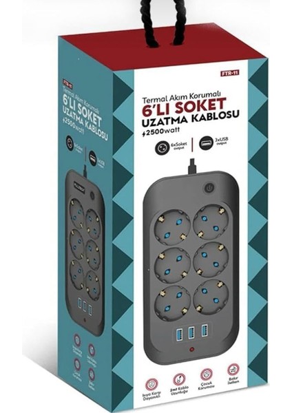 6 Priz 3xusb 10A 2 Mt Kablo 2500W Akım Korumalı Priz Ftr-11 8551