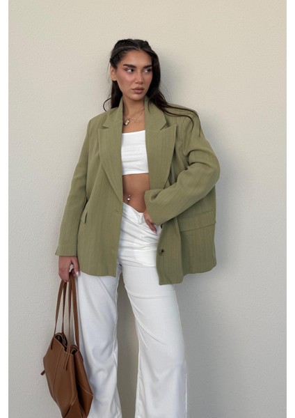 Çağla Yeşili Keten Blazer Kadın Ceket %100 Pamuklu Şık Tasarım