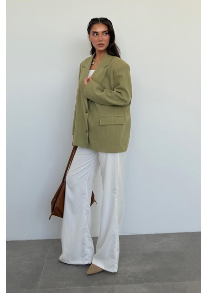 Çağla Yeşili Keten Blazer Kadın Ceket %100 Pamuklu Şık Tasarım fırsatları