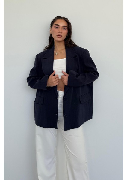 Lacivert Keten Blazer Kadın Ceket MG2443