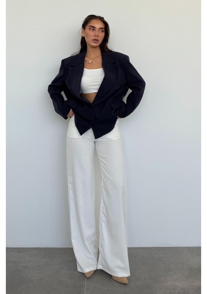 Lacivert Keten Blazer Kadın Ceket MG2443 fırsatları