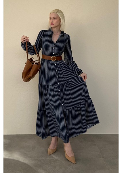 Lacivert Çizgili Düğmeli Uzun Elbse MG2392