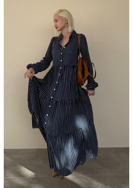 Lacivert Çizgili Düğmeli Uzun Elbse MG2392 fiyatları