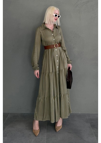 Haki Çizgili Düğmeli Uzun Elbse MG2392