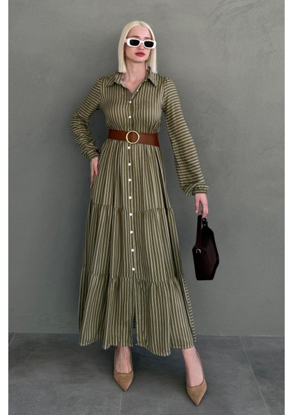 Haki Çizgili Düğmeli Uzun Elbse MG2392 modelleri