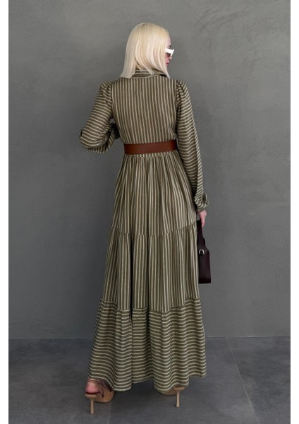 Haki Çizgili Düğmeli Uzun Elbse MG2392 fırsatları