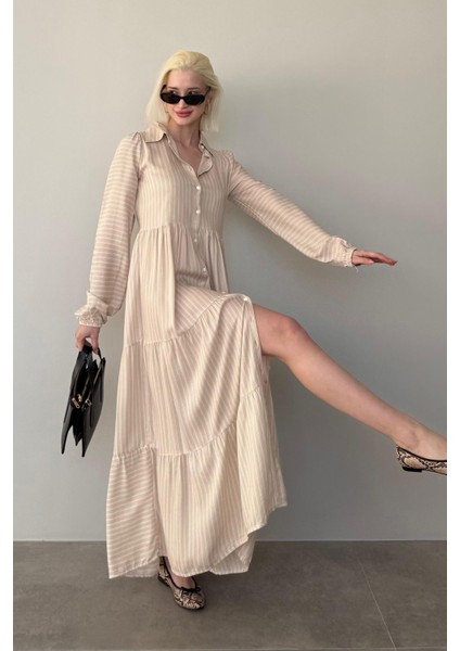 Bej Çizgili Düğmeli Uzun Elbise MG2392 fiyatları