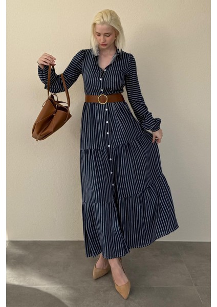 Lacivert Çizgili Düğmeli Uzun Elbse MG2392 modelleri