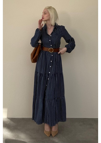 Lacivert Çizgili Düğmeli Uzun Elbse MG2392 fırsatları