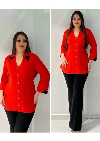 Büyük Beden Yaka Da Aksesuar Detaylı ve Kendinden Kemerli Gömlek