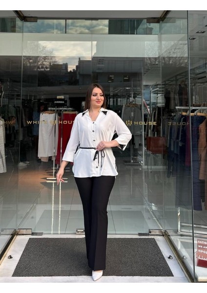 Büyük Beden Yaka Da Aksesuar Detaylı ve Kendinden Kemerli Gömlek