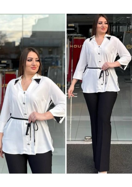 Büyük Beden Yaka Da Aksesuar Detaylı ve Kendinden Kemerli Gömlek fiyatları