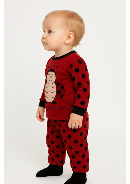 Kırmızı Uğur Böceği Desenli Çocuk Pijama Takımı | Pamuklu Uzun Kollu Esnek Bel Alt Üst Takım