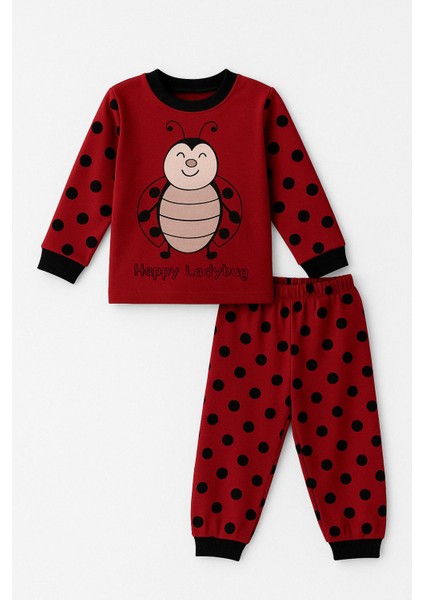 Kırmızı Uğur Böceği Desenli Çocuk Pijama Takımı | Pamuklu Uzun Kollu Esnek Bel Alt Üst Takım