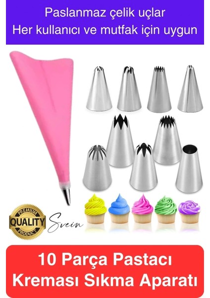 Uzun Ömürlü 10 Parça Paslanmaz Çelik Pasta Krema Sıkma Aparatı Seti Kesesi Torbası Dekoratif Süsleme