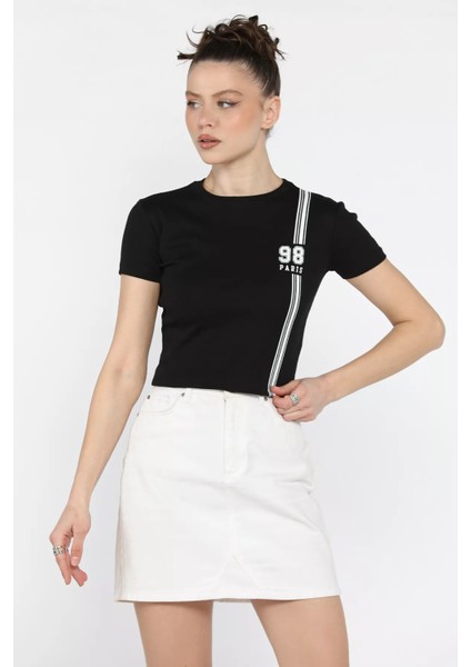 Kadın Bisiklet Yaka Baskılı Crop Top Tişört P-00016111 fiyatları