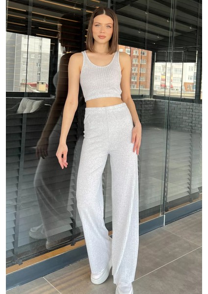 Kadın Sıfır Kol Crop Top Bluz Pantolon Ikili Takım P-00016085