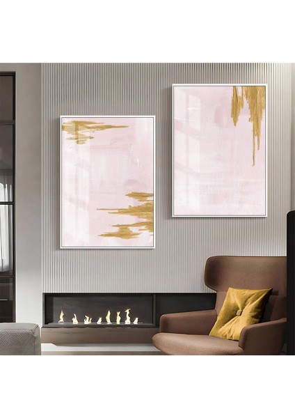 Pembe-Gold Desenli Soyut Kombini 02|Çerçeveli Cam Tablo 2'li Dikey