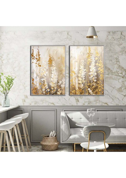 Soft Gold-Beyaz Yaprak Desenli Kombin 01 |Temperli Çerçeveli Cam Tablo 2'li Dikey