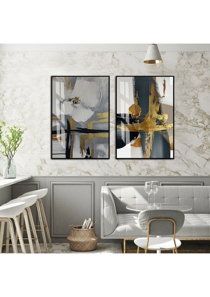 Gri-Gold Renk Soyut Çiçek Desenli Kombini 01 |Temperli Çerçeveli Cam Tablo 2'li Dikey