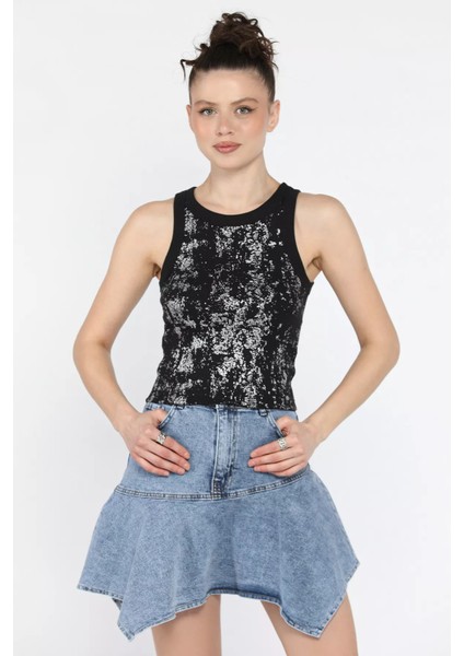 Kadın Işıltılı Sıfır Kol Kaşkorse Bluz P-00016079