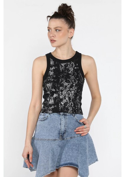 Kadın Işıltılı Sıfır Kol Kaşkorse Bluz P-00016079