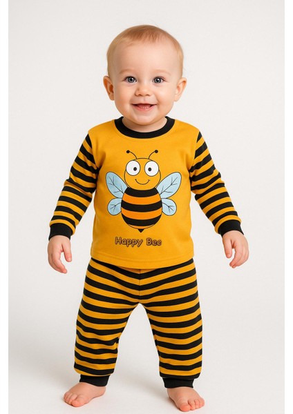 Happy Bee Sarı Siyah Çizgili Erkek Çocuk Pijama Takımı | Pamuklu Uzun Kollu Takım Arı Temalı