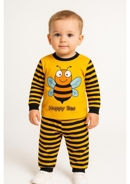 Happy Bee Sarı Siyah Çizgili Erkek Çocuk Pijama Takımı | Pamuklu Uzun Kollu Takım Arı Temalı fiyatları