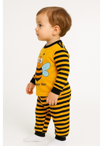 Happy Bee Sarı Siyah Çizgili Erkek Çocuk Pijama Takımı | Pamuklu Uzun Kollu Takım Arı Temalı modelleri