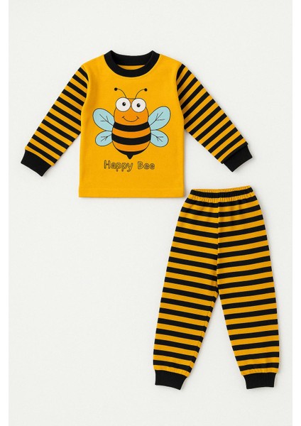 Happy Bee Sarı Siyah Çizgili Erkek Çocuk Pijama Takımı | Pamuklu Uzun Kollu Takım Arı Temalı fırsatları